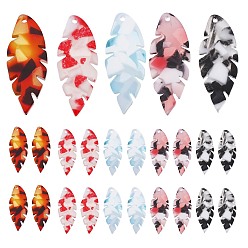Mixed Color 30Pcs 5 Colors Cellulose Acetate(Resin) Pendants, Leaf, Mixed Color, 26.5x10.5x2.5mm, Hole: 1mm, 6pcs/color