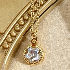 Flat Round Brass Pave Clear Cubic Zirconia Geometric Pendant Necklaces, Golden, Flat Round, 17.72 inch(45cm), Pendant: 10x8mm