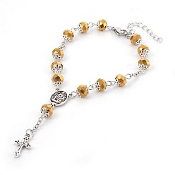 Golden Plated Electroplate Glass Charm Bracelets, with Metal Findings, Cross & Oval with Goddess, Golden Plated, 8-1/8 inch(20.5cm), 8mm