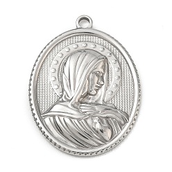 Couleur Acier Inoxydable Pendentifs en acier inoxydable religion 201, ovale avec breloques vierge marie, couleur inox, 36x26x3.5mm, Trou: 2.5mm