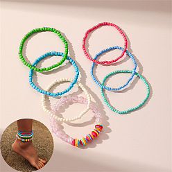 (52) Непрозрачная лаванда Богемный круглый браслет на щиколотку из смолы и стеклянных бусин, многослойный, эластичный, разноцветные, 9-1/8 дюйм (230 мм), 7 шт / комплект