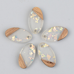 Clear Transparent Resin & Walnut Wood Pendants, with Glitter Sequins, Oval, Clear, 20x11x3mm, Hole: 2mm