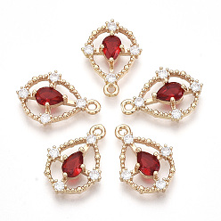 Красный Золотые тона латунные подвески, с граненым стеклом и стразами, слеза, красные, 17x12.5x3.5 мм, отверстие : 1.2 мм