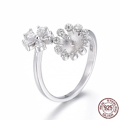 Platinum Rhodium Plated 925 Sterling Silver Cuff Rings, Open Rings Components, For Half Drilled Beads, with Cubic Zirconia, Flower, with 925 Stamp, Platinum, Size 7, 17mm, Tray: 5.5mm, Pin: 0.8mm