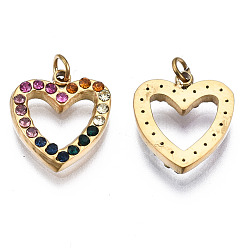 Real 14K Gold Plated 316 Surgical Stainless Steel Charms, with Jump Rings and Micro Pave Cubic Zirconia, Heart, Real 14K Gold Plated, 11.5x10x2mm, Hole: 1.6mm, Jump Ring: 3x0.5mm, 1.6mm inner diameter