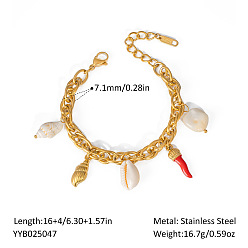 Настоящее золото 18K Стильные браслеты с подвесками из нержавеющей стали в виде океана, браслеты-цепочки для женщин, форма ракушки и чили, реальный 18 k позолоченный, 6-1/4 дюйм (16 см)