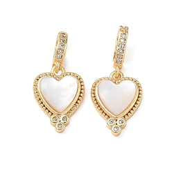 Golden Brass Micro Pave Clear Cubic Zirconia Pendants, with Shell, Heart Charms, Golden, 20mm, Hole: 3x4mm