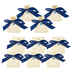 (404) Непрозрачное AB Кислое яблоко Прямоугольные сумки Linenette с кулиской, с синей полиэфирной лентой и подвесками от сглаза с эмалью из цинкового сплава, цветочный белый, 14.5x10 см