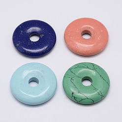 Mixed Stone Natural Gemstone Pendants, Donut/Pi Disc, 30x6~7mm, Hole: 6.5~7mm