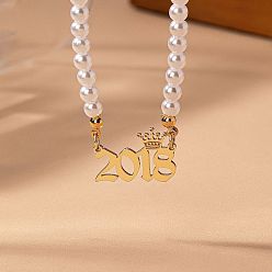 Number Женские ожерелья из круглого белого бисера с имитацией жемчуга и подвеской в виде короны в виде года рождения, золотые, число 2018, 14.96 дюйм (38 см)