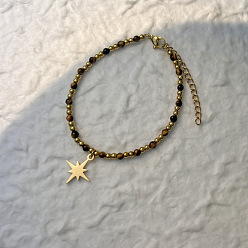 Tiger Eye 201 Stainless Steel Star Charm Bracelets, Natural Tiger Eye Round Beaded Bracelets, Golden, 6.69 inch(17cm)