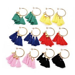 Mixed Color Half Hoop Earrings, with Ear Nuts, Cotton Thread Tassels, 304 Stainless Steel Stud Earring Findings and Flat Round Brass Charms, Mixed Color, 63mm, Pin: 0.7mm