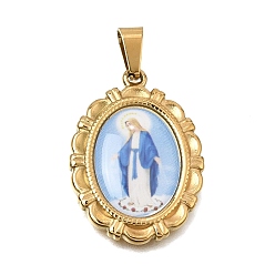 Golden Ion Plating(IP) Religion 304 Stainless Steel with Epoxy Resin Pendants, with 201 Stainless Steel Snap On Bails, Oval with Virgin Charms, Colorful, Golden, 29~29.5x20.5~21x3.5mm, Hole: 6x3.5mm