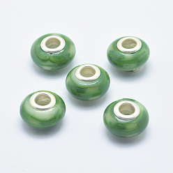 Lime green Handgemachte  europäischen Fimo-Perlen, mit versilberten Messingkernen, Großloch perlen, Rondell, lime green, 13~16x8~11 mm, Bohrung: 4.5~5 mm