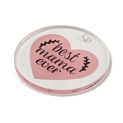 Salmon Mother's Day Opaque Acrylic Pendants, Flat Round with Word, Salmon, 45x3mm, Hole: 3.5mm