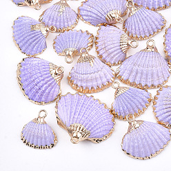 Lilac Spray Paint & Electroplate Sea Shell Pendants, with Iron Findings, Light Gold, Lilac, 16~26x17~28x7~10mm, Hole: 2mm