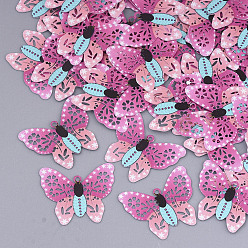 Pearl Pink Printed Brass Pendants, Etched Metal Embellishments, Butterfly, Pearl Pink, 15.5x19x0.3mm, Hole: 1mm