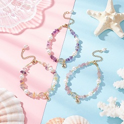 Смешанные камни 3шт. браслеты с бусинами из натурального кварцевого кристалла, розового кварца, флюорита и аметиста, браслеты с подвесками из ракушек каури, с ракушечным жемчугом и гальваническим немагнитным синтетическим гематитом, 7-1/2 дюйм (19 см)