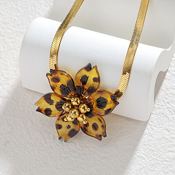 Седло Коричневый Акриловый леопардовый принт 3 Подвеска в виде цветка 304 Плоская цепочка-змейка из нержавеющей стали для женщин, золотые, седло коричневый, 16.14 дюйм (41 см)