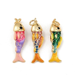 (52) Непрозрачная лаванда Латунь эмаль подвески, рыба, с прыжковых колец, без свинца и без кадмия, долговечный, стойки покрытие, реальный 18 k позолоченный, разноцветные, 26x6x8 мм, отверстие : 3 мм
