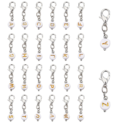 Белый 2 комплекты позолота акриловые подвески украшения, с застежками-лобстерами из цинкового сплава и железными накладками, плоско-круглые с алфавитами , белые, 28 мм, 26 шт / комплект