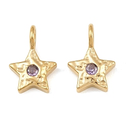 Lilac 304 Stainless Steel Micro Pave Cubic Zirconia Pendants, Hammered Star Charms, Real 14K Gold Plated, Lilac, 18.5x12.5x4mm, Hole: 4.2mm
