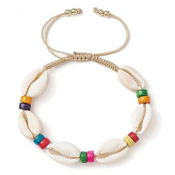 WhiteSmoke Natural Shell & Maple Wood Braided Bead Bracelet, Nylon Thread Adjustable Bracelet, WhiteSmoke, Inner Diameter: 2-1/2~3-3/4 inch(6.3~9.4cm)