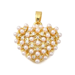 Настоящее золото 18K Стойка металлическая латунная микропрофилированная кубическая циркония подвески, с abs имитационными жемчужными бусинами , без свинца и без кадмия, долговечный, сердце, реальный 18 k позолоченный, 23x25.5x7.5 мм, отверстие : 6x3.5 мм