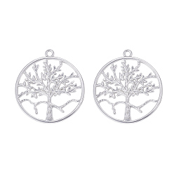 925 Sterling versilbert Legierung große Anhänger & Charms, matte Stil, flach rund mit Baum des Lebens, 925 Sterling versilbert, 61.5x55x3 mm, Bohrung: 4 mm, 2 Stück / Karton
