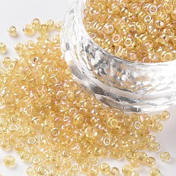 Pale Goldenrod 12/0 Round Glass Seed Beads, Transparent Colours Rainbow, Round Hole, Pale Goldenrod, 12/0, 2mm, Hole: 1mm, about 3333pcs/50g, 50g/bag, 18bags/2pounds