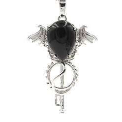 Obsidian Natural Obsidian Pendants, with Platinum Plated Brass Findings, Wing with Key Charms, 47x32x11mm