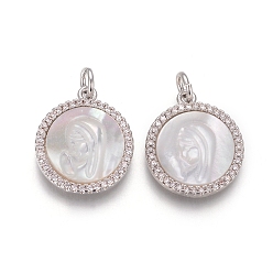 Платина Латунные подвески, с микро проложить кубического циркония, раковины и прыжковые кольца, плоские круглые с Девой Марией, прозрачные, платина, 18x15x3 мм, отверстие : 3 мм