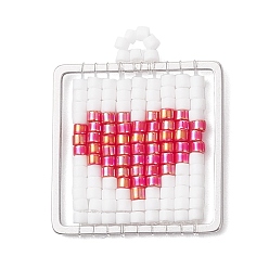 Красный Квадратный стеклянный бисер ручной работы с подвесками в форме сердца, с 304 соединительным кольцом из нержавеющей стали, красные, 24.5x20.5x1.5 мм, отверстие : 2 мм