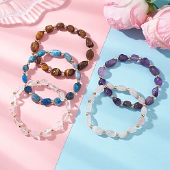 Смешанные камни Эластичные браслеты для женщин из натуральных драгоценных камней и латунных бусин., самородки, внутренний диаметр: 1.93~2.05 дюйм (4.9~5.2 см)