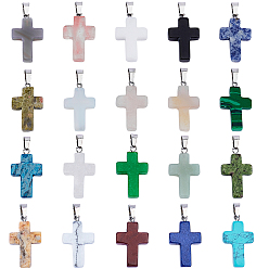 Mixed Stone Gemstone Pendants, with Stainless Steel Snap On Bails, Cross, Mixed Dyed and Undyed, 29~30x18~19x5~6mm, Hole: 6x4mm, 20 colors, 2pcs/color, 40pcs/box