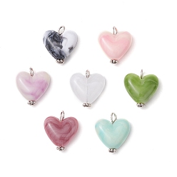 Платина Имитация драгоценных камней акриловыми подвесками, сердце, с железной петлей, платина, 19x17x7.5 мм, отверстие : 3 мм