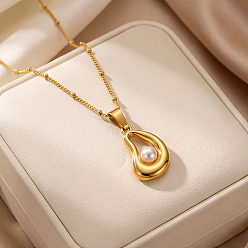 Golden 304 Stainless Steel Imitation Pearl Teardrop Pendant Necklaces for Women, White, Golden, 15.75 inch(40cm)