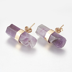 Аметист Природный аметист серьги стержня, с латунной фурнитурой , столб, золотые, 7~8x21~22 мм , штифт: 0.8 мм