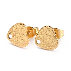 Golden Ion Plating(IP) 304 Stainless Steel Stud Earring Findings, with Ear Nuts/Earring Backs and Hole, Textured Heart Shape with Fish Scale, Golden, 8.4x9mm, Pin: 0.8mm