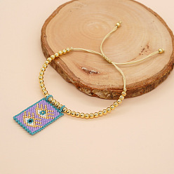 чертополох Браслеты ручной работы из стеклянного бисера с подвесками, Плетеные латунные круглые бусины для женщин, с полиэфирным кордом, Прямоугольник с глаз, чертополох