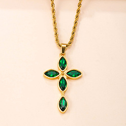 Зеленый 304 Подвеска-крест из нержавеющей стали с инкрустацией кубическим цирконием, религиозная тематика, для мужчин и женщин, реальный 18 k позолоченный, зелёные, 23.62 дюйм (60 см)