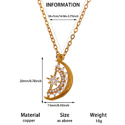 Moon Bohemian Brass Pave Clear Cubic Zirconia Pendant 304 Stainless Steel Chain Necklaces, Golden, Moon, 14.96 inch(38cm), pendant: 20x11mm