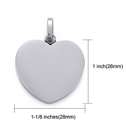 Stainless Steel Color 304 Stainless Steel Stamping Blank Tag Pendants, Heart, Stainless Steel Color, 28x26x2mm, Hole: 5x8mm