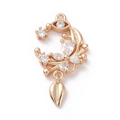Light Gold Brass Micro Pave Clear Cubic Zirconia Pendants, Flower, Light Gold, 23x13x3mm, Hole: 1mm