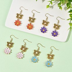 Mixed Color Alloy Enamel & Shell Pearl Dangle & Drop Earrings, Butterfly with Flower, 304 Stainless Steel Dangle Earrings for Women, Antique Golden, Mixed Color, 50x16mm