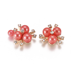 Red Alloy Cabochons, with Crystal Rhinestone & Acrylic Imitation Pearl, Flower, Light Gold, Red, 19~20x21~22x10mm