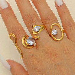 Настоящее золото 18K 304 наборы колец-манжет из нержавеющей стали с кубическим цирконием для женщин, разнообразные, реальный 18 k позолоченный, 16 мм