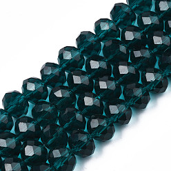 Dark Cyan Glass Beads Strands, Faceted, Rondelle, Dark Cyan, 8x6mm, Hole: 1mm, about 65~68pcs/strand, 15.7~16.1 inch(40~41cm)