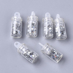 Silver Glass Wishing Bottle Pendant Decorations, with Star Glitter Sequins/Paillette inside, with Plastic Plug, Silver, 24.5x10mm, Hole: 2mm