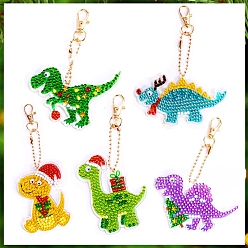Mixed Color Christmas Theme Dinosaur Shape DIY Diamond Painting Keychain Kits, with Resin Rhinestones, Diamond Sticky Pen, Tray Plate and Glue Clay, Mixed Color, 50~70mm, 5pcs/set